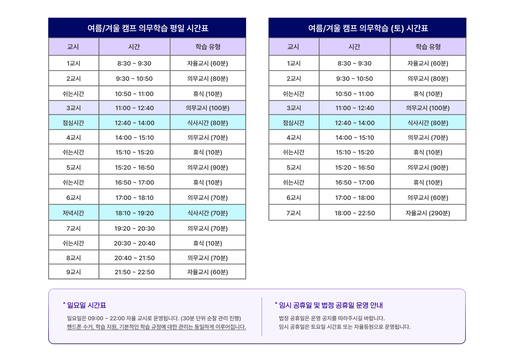 로드맵 고2·고3 전용관 여름·겨울 시간표